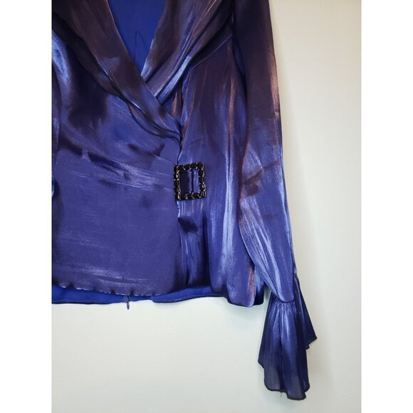 Dressbarn Collection Womens 10 Jacket Top Blue Shiny Long Ruffled Sleeve V Neck - Picture 3 of 6